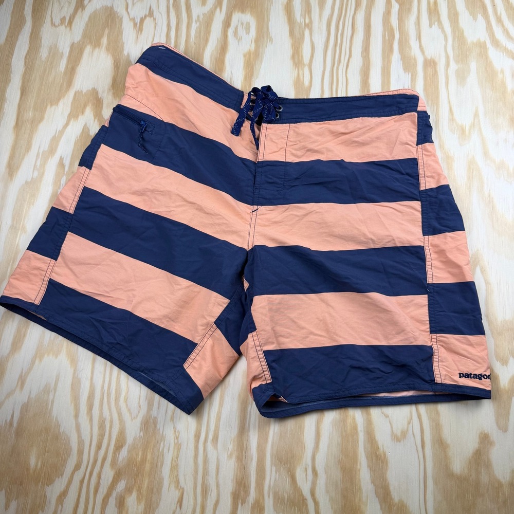 Patagonia Mens Board‎ Shorts Size 36 Striped Navy Peach Swim Trunks 8 Inseam
